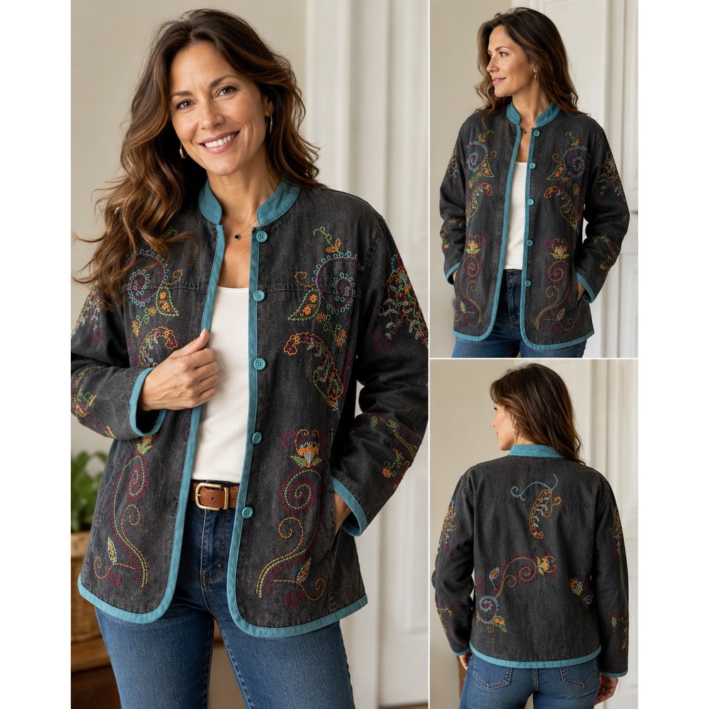 Denim & Co Embroidered Denim Jacket Large Dark Wash Teal Trim‎ Floral Paisley L